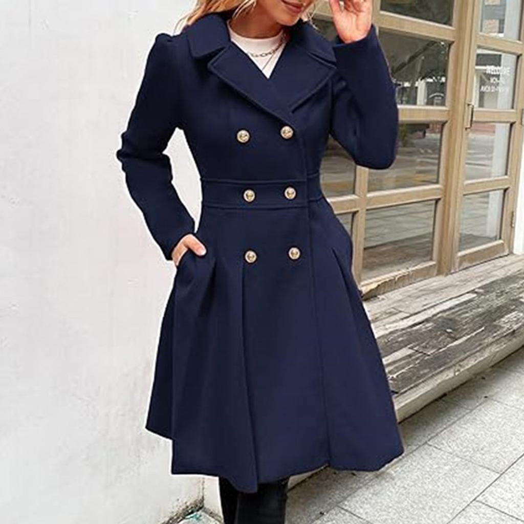 Women's Long Woolen Coat With Double Breasted Buttons