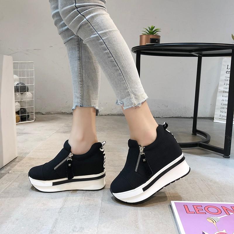 Platform Wedges Women's Sneakers Rhinestone Mesh Breathable Increased Casual Black Autumn Vulcanized Shoes Baskets Femme Zapatos