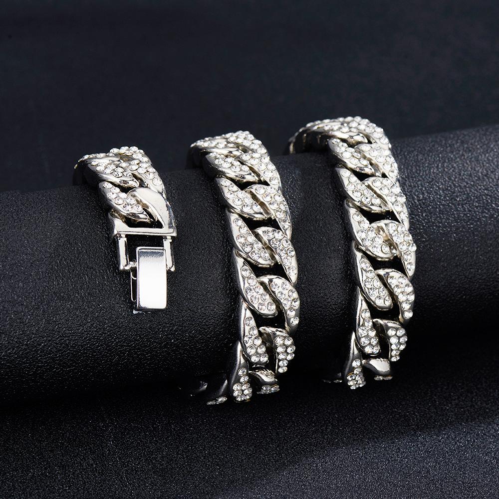 European and American Fashion Trend Hip Hop Hiphop Necklace 14mm Super Thick Zinc Alloy Rhinestone Necklace