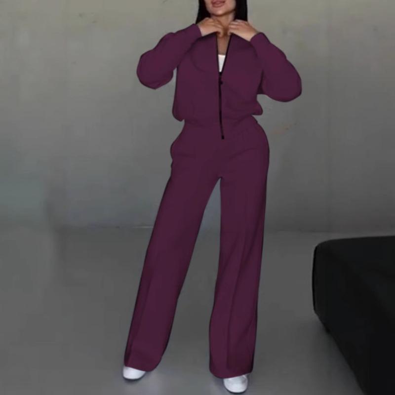 VEZFAA Женская мода повседневная весна осень однотонный принт длинный рукав О-образный вырез брюки брюки костюмы