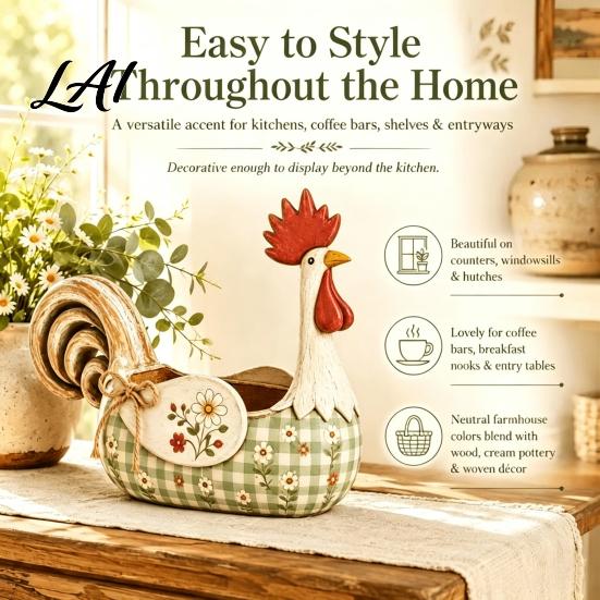 Vintage Rooster Decor Farmhouse Utensil Holder Resin Chicken Kitchen Counter Organizer Rustic Country Container Cooking Caddy Floral Hen
