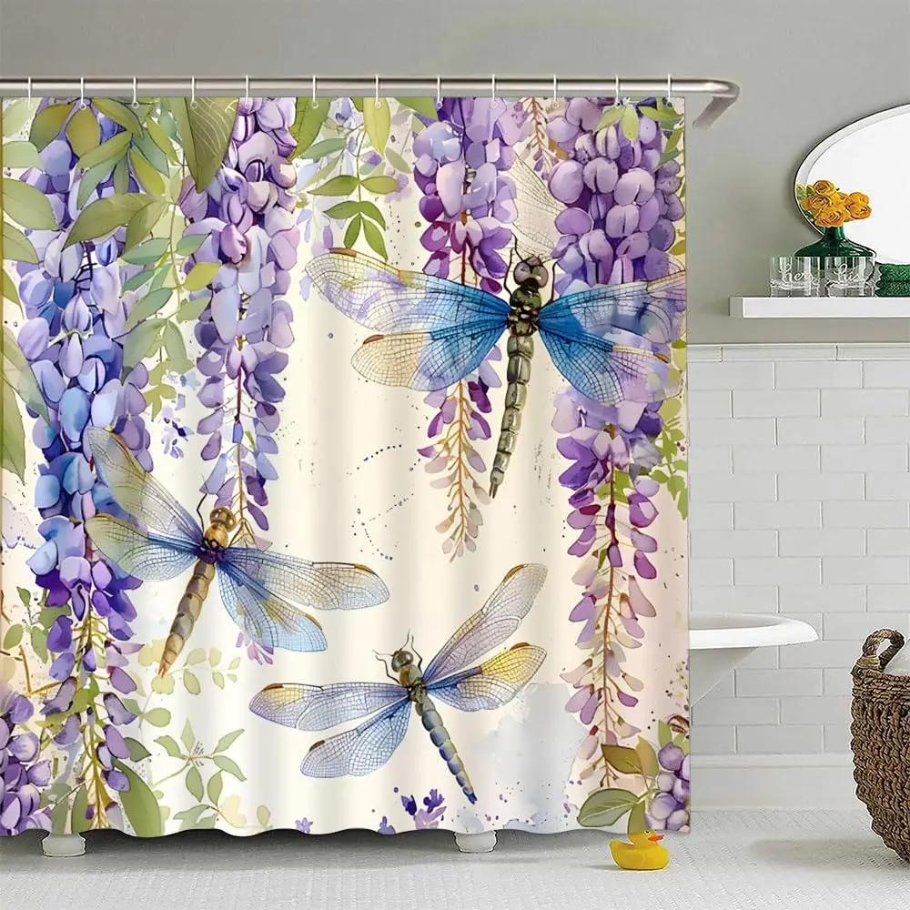 Фиолетовая стрекоза цветочная шторка для душа лавандовая акварель плакучая глициния цветущая лоза фиолетовые весенние цветы листья женщины гир