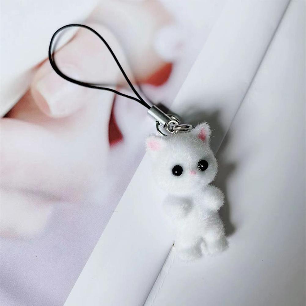 Kawaii Flocking Cat Подвеска для телефона с ремешком на шею Милый бант Котенок Телефонная цепочка Корейский мобильный телефон Брелок для ключей Подарки для девочек