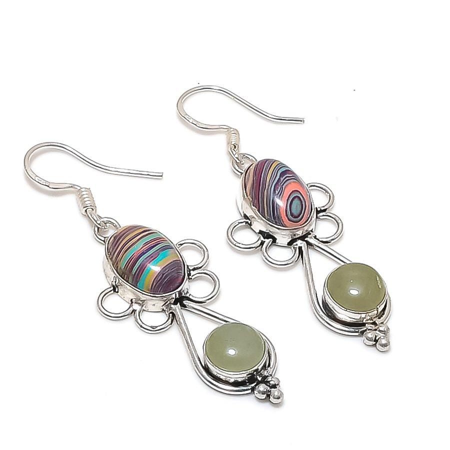 Rainbow Calsilica Gemstone 925 Sterling Silver Jewelry Earring 2.36" KJ-859