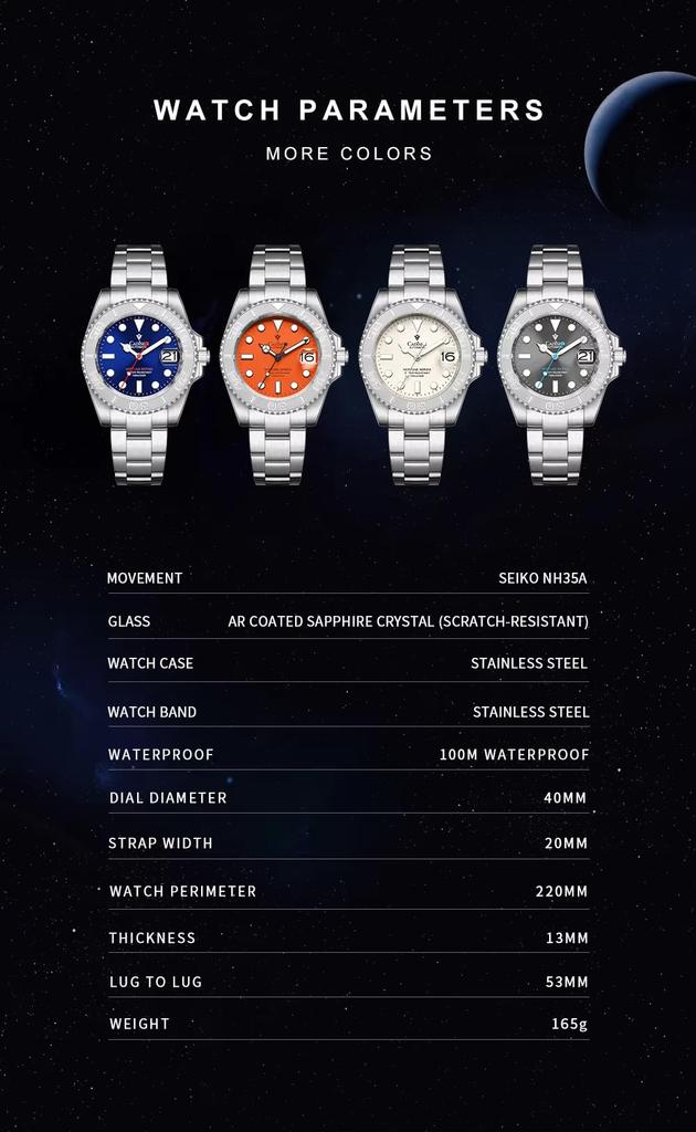 Cadisen Сделано в NH35 Yacht Немецкий Ретро Водонепроницаемость до 10 Механический Корпус Работа Платье Нержавеющая сталь Сапфир Подарок на совершеннолетие C8210 Мужские часы,