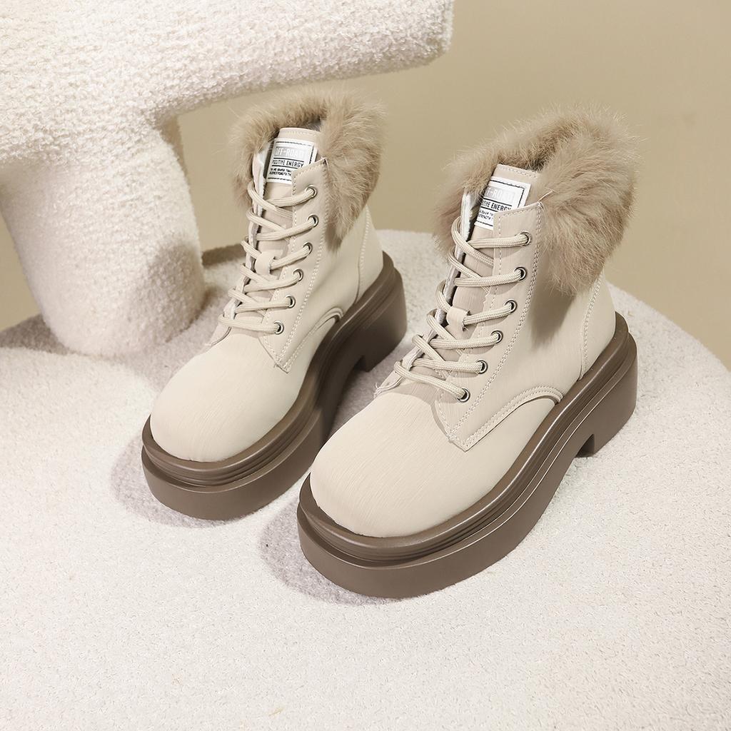 2024 Зимние Горячие Продажи Высокое Качество Женская Обувь Однотонная Круглый Носок Высокий Каблук Шнуровка Короткое Голенище Женские Модные Ботинки