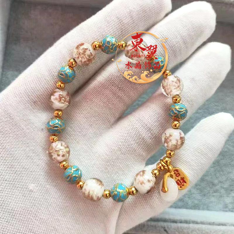 Живописный синий браслет из бусин удачи с эмалью cloisonне, светящейся глазурью и золотой фольгой
