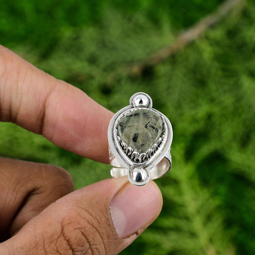 Natural Moss Prehnite Gemstone Promise Adjustable Ring 925 Silver For Women