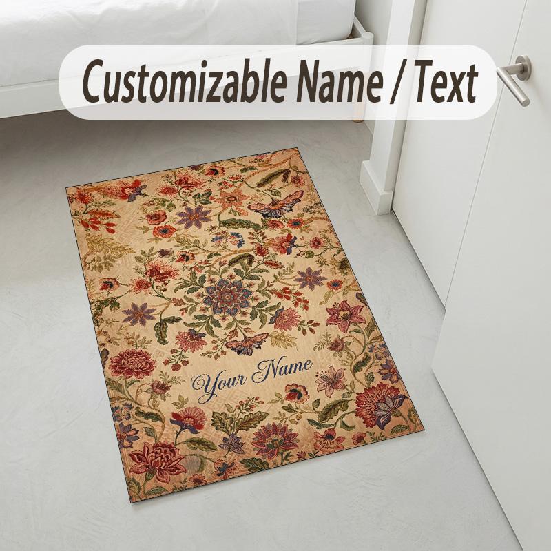Floral Garden Theme Crystal Velvet Rug Personalized Custom Name Text Soft Floor Mat Home Decor