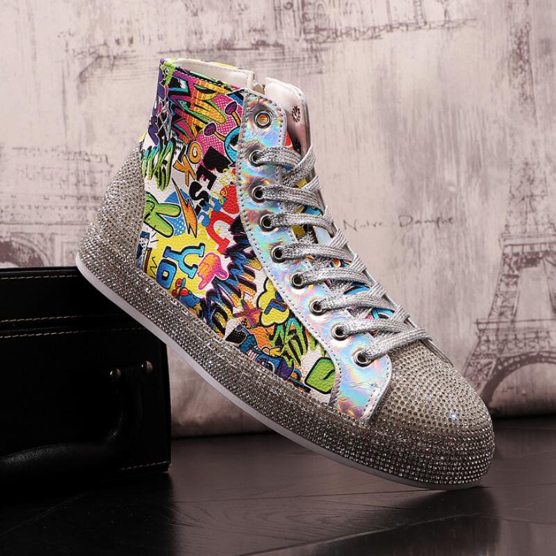 Мода Новые Мужские высокие кеды глажка парусина граффити доска дух молодого человека ослепительный цвет кожа низкие повседневные туфли A8