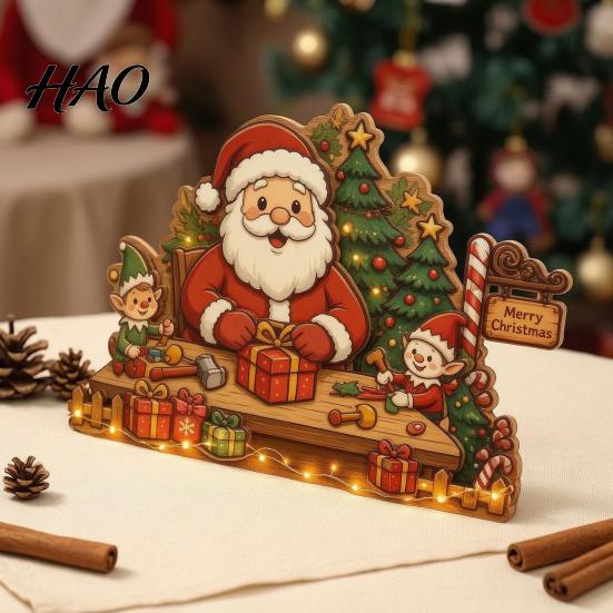 Handcrafted Wood Santa Decor Christmas Wooden House Ornament, Claus/Snowman/Elk Sleds/Winter Cabins Indoor Winter Cabin Ornaments Scene Figurines,