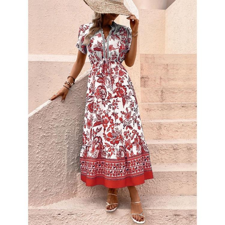 Hot Selling Women's Blue Retro Ethnic Print Vacation Dress Casual Slim Waist Crossbody Apparel Fashion