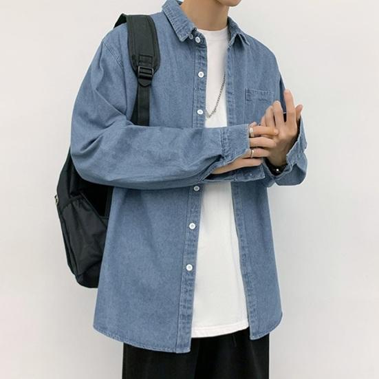 Мужская рубашка-рубашка на весну и лето, пальто с отложным воротником и длинными рукавами, однобортный кардиган, свободный нагрудный карман, чистый цвет, школьный