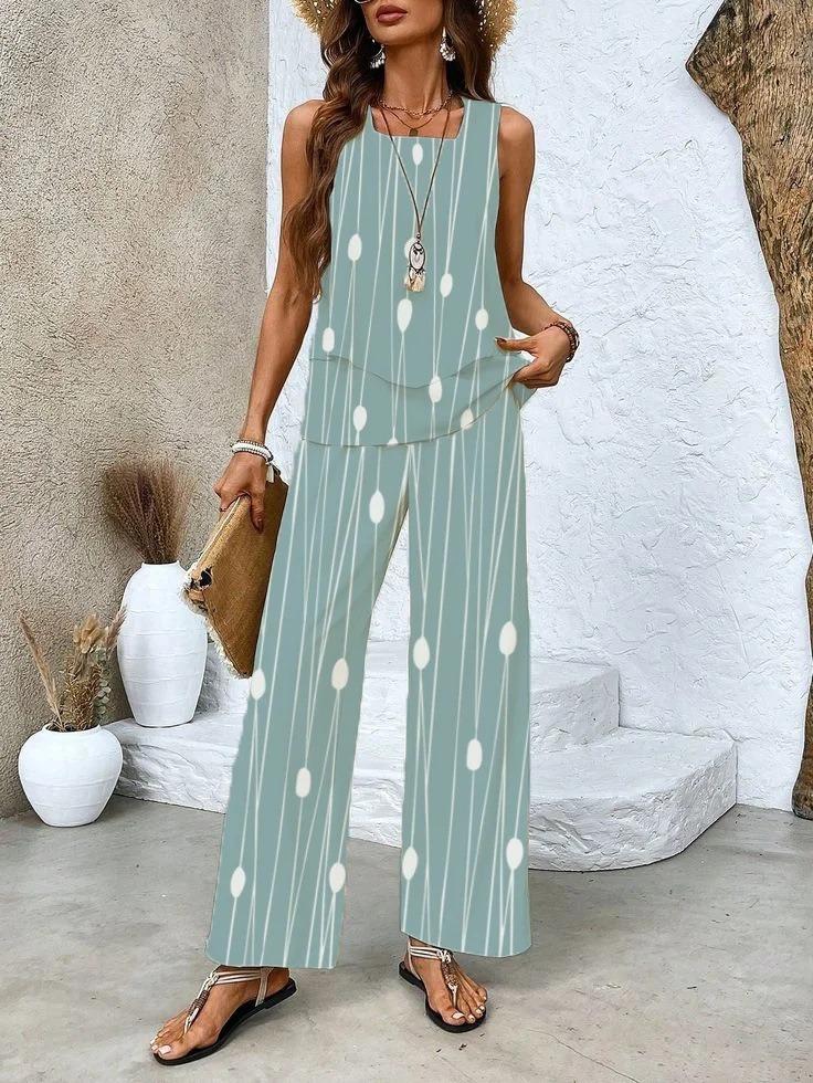 European and American new 1D printing women's fashion sleeveless trousers suit spring and summer women's suit