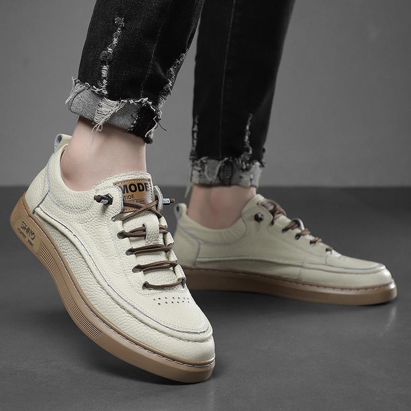 Cowhide White Shoes Men's 2025 Spring and Autumn New Sports and Leisure Board Shoes, Genuine Leather Soft Soled Leather Shoes