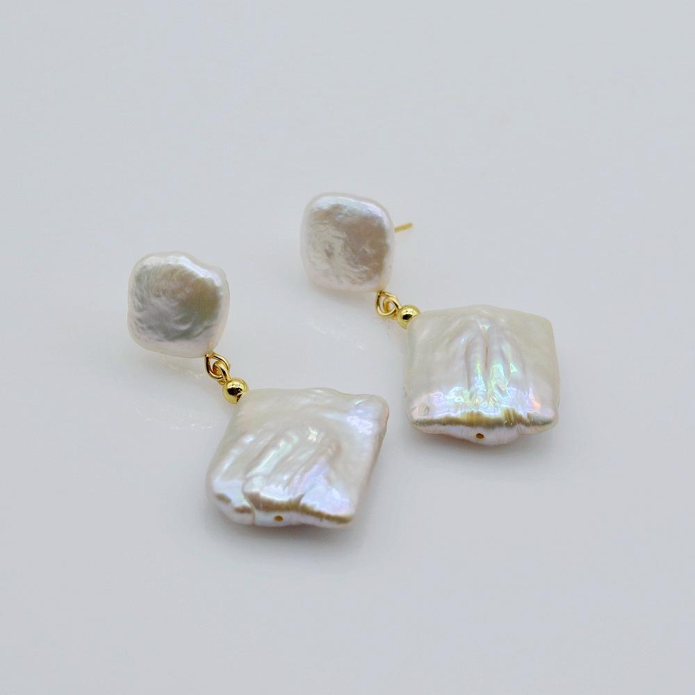 Геометрические серьги, белый натуральный пресноводный жемчуг, золотые серьги в стиле барокко, плоские квадратные серьги-капли, жемчужные серьги для женщин
