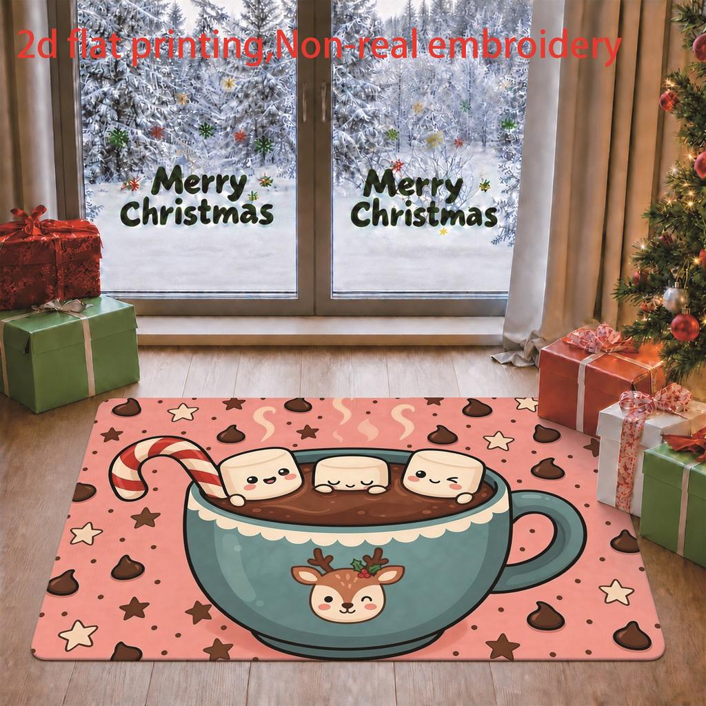 1pc, 2D Flat Printing, Christmas Hot Cocoa Marshmallow Pattern Entrance Doorway Living Room Floor Mat, Colorful Non-Slip, Machine Washable Mat, Suitab
