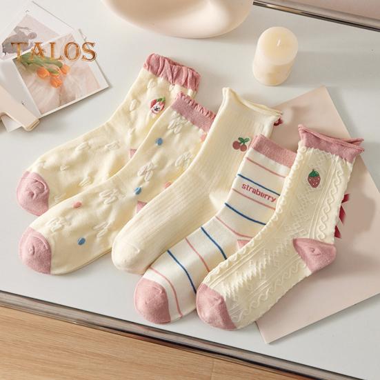 5 Pairs Women Socks Refreshing Flower Prints Mid-tube Shallow-cut High Elasticity Soft Breathable Sweat Absorption Anti-slip Girls Daily Sports Socks