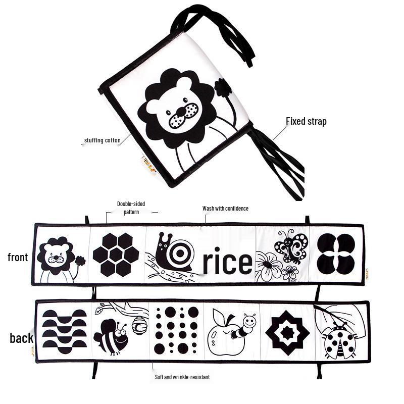 Черно-белая книжка-бампер для детской кроватки: Дизайн с мультяшным животным, Игрушка для прорезывания зубов, Защита от пинания, Подвесной аксессуар для младенца