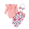 Baby Girl Fall Outfits Floral Lace Rib Knit Long Sleeve Rompers Flower Print Flare Pants Headband 3Pcs Clothes Set