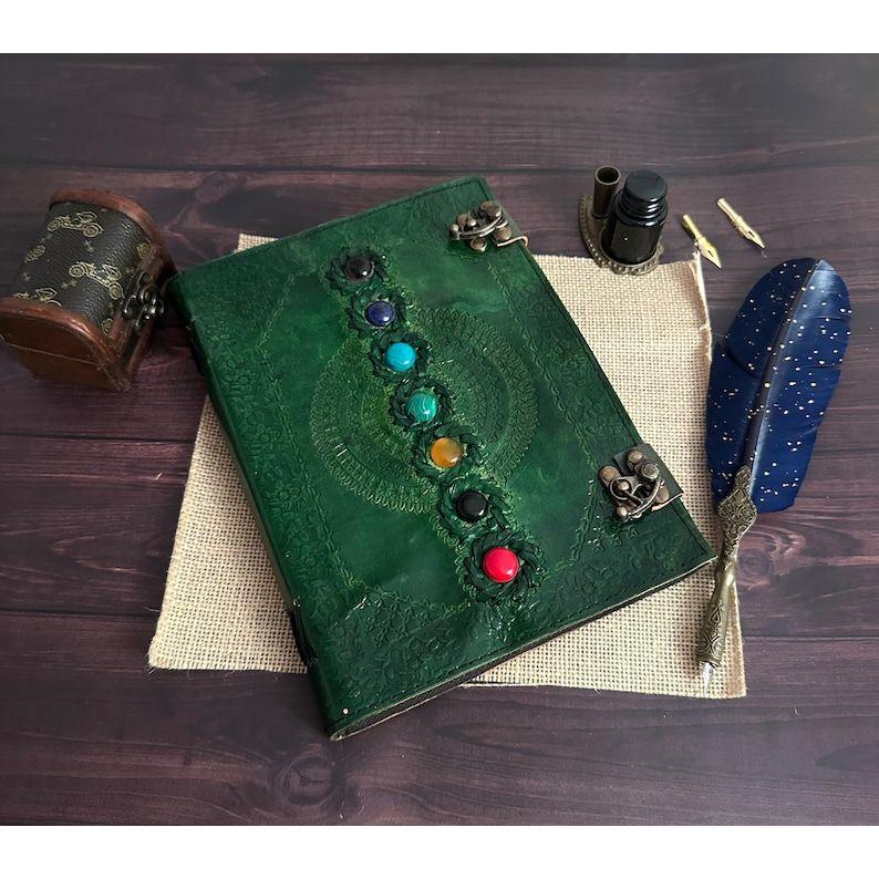 Кожаный журнал с семью камнями, ручная работа с тиснением, винтажный кожаный переплет, зеленый блокнот, альбом для рисования, дневник, лучший подарок для него