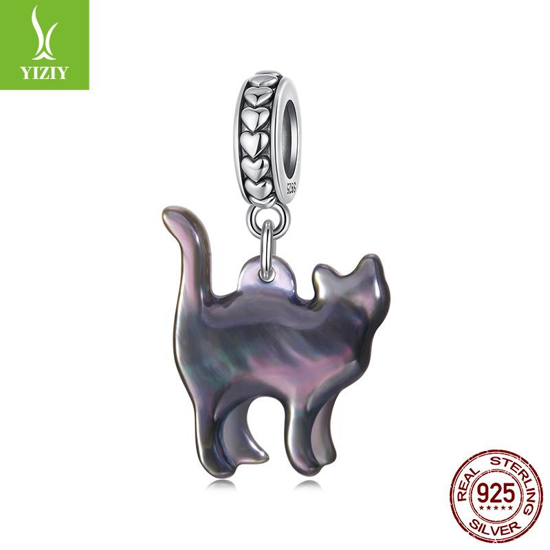 Подвеска из стерлингового серебра 925 пробы с эмалью и черным котом, персонализированные кошачьи бусины для DIY