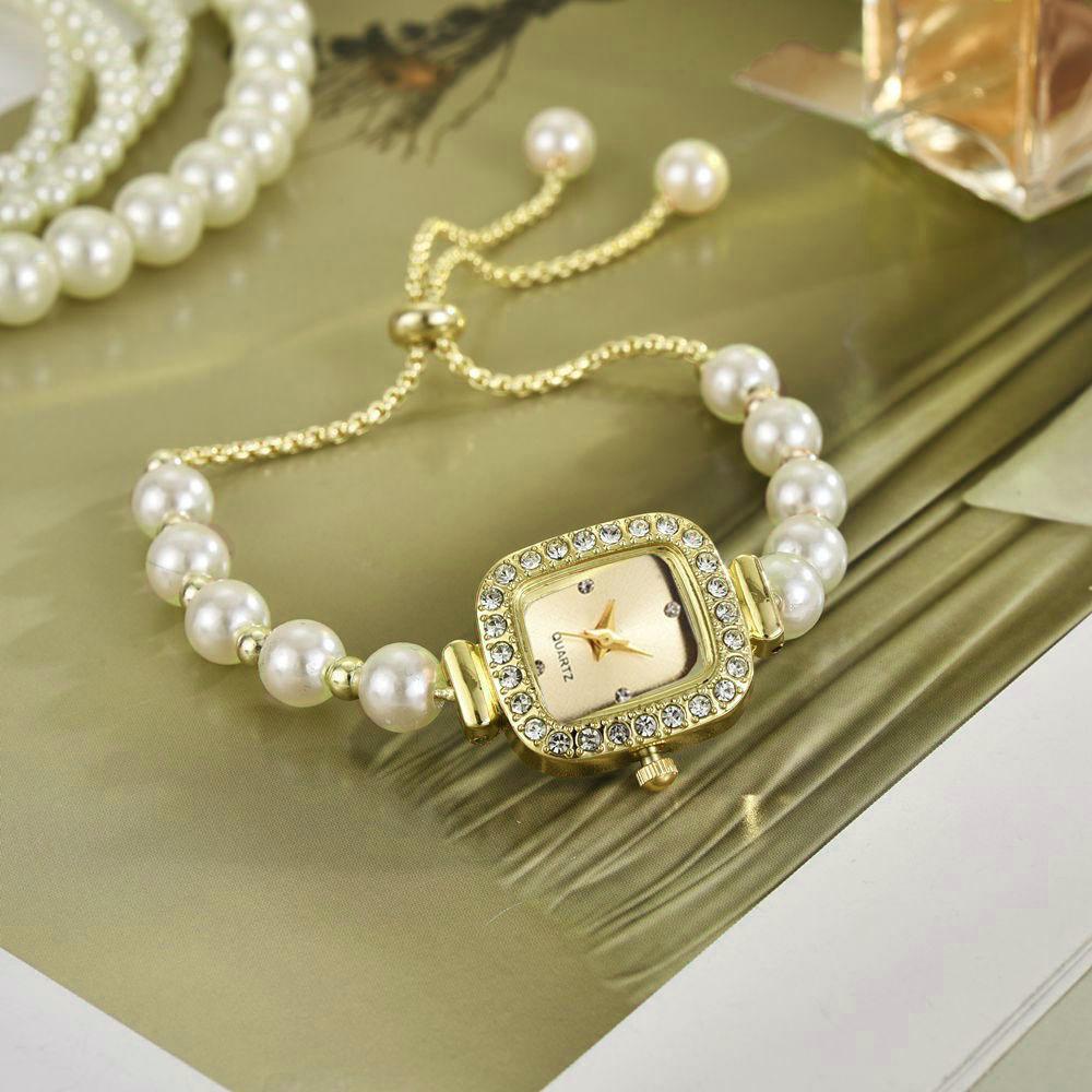 Модные женские часы с жемчужным ремешком, бриллиантовым квадратным циферблатом, браслет с регулировкой, женский подарок, кварцевые часы