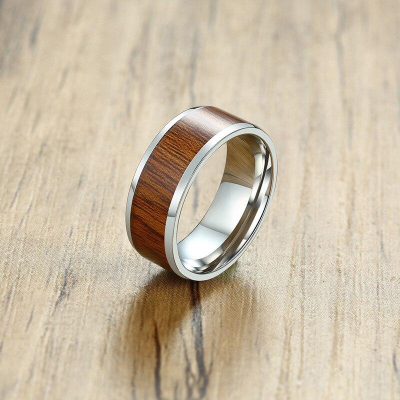 Fashion 8mm Natural Wood Stainless Steel Men Silver Color Ring Wedding Engagement Male Rings Simple Jewelry Man Rings Wholesale