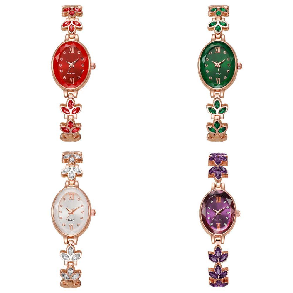 Rhinestone Quartz Ladies Watch Bracelet-Style Analog Watch 3-Leaf Clover Wristwatch Women