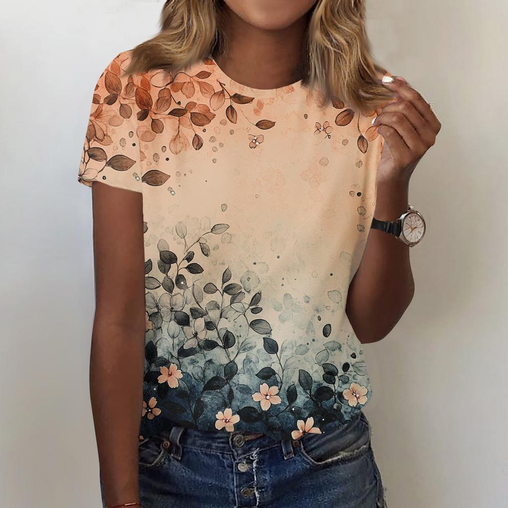 Women's Fashion Casual Printed Round Neck Short Sleeved T-Shirt Top T-Shirt Top Top