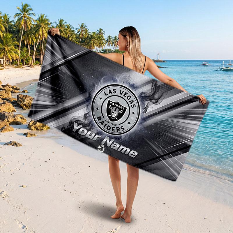 Las Vegas Raiders Customized Name Text Beach Towel, Soft Absorbent Towel Beach Pool Travel Personal Gift