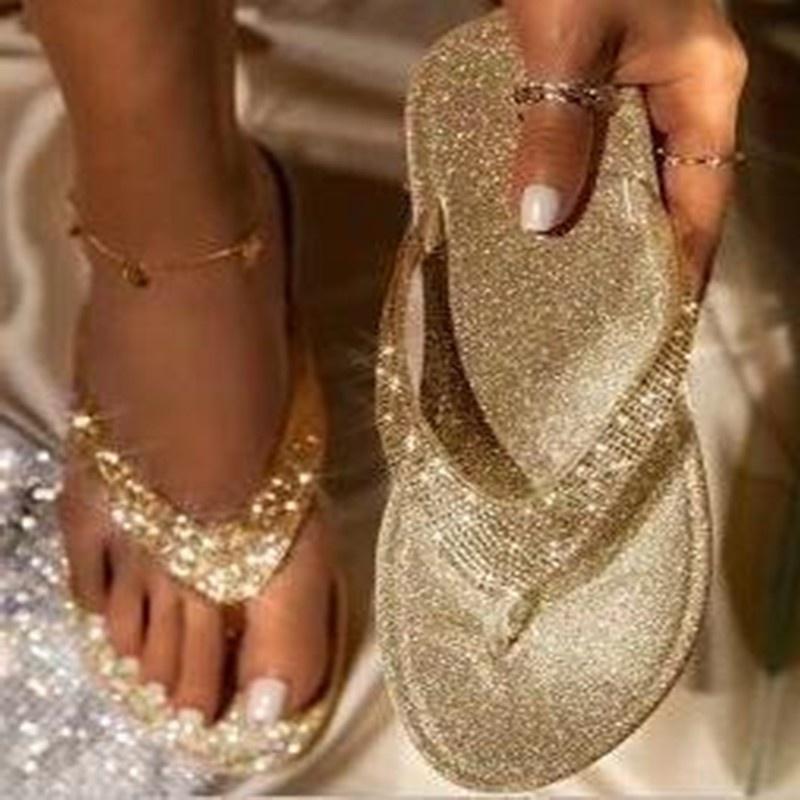 Summer New Women's V-shaped Flip Flops Foot Sandals Daily Casual Rhinestone Sequins Beach Sandals