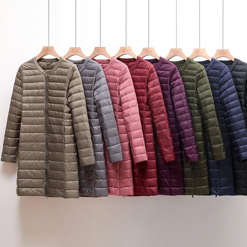 Womens Lightweight Down Coat Mid-Length Round Neck Solid Color Outerwear Winter