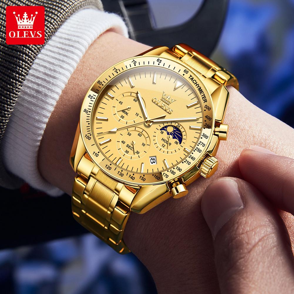 Модные синие кварцевые часы для мужчин из нержавеющей стали, водонепроницаемые, светящиеся, дата, фазы Луны, хронограф, часы для мужчин