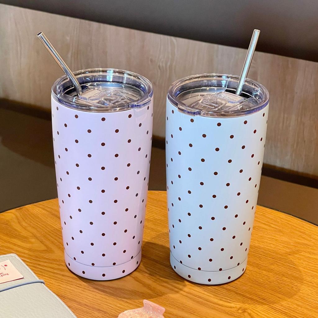 Polka Dot Vacuum Insulated Tumbler 304 Stainless Steel Large Capacity Water Bottle with Straw Couples Cup for Home Daily Use