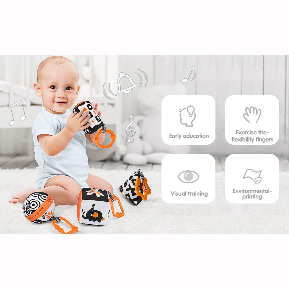 Наборы высококонтрастных форм, детские игрушки, черно-белая игрушка-коляска для автокресла, детские плюшевые погремушки, кольца, подвесная игрушка для новорожденных, малышей и т. д.(4 упаковки)