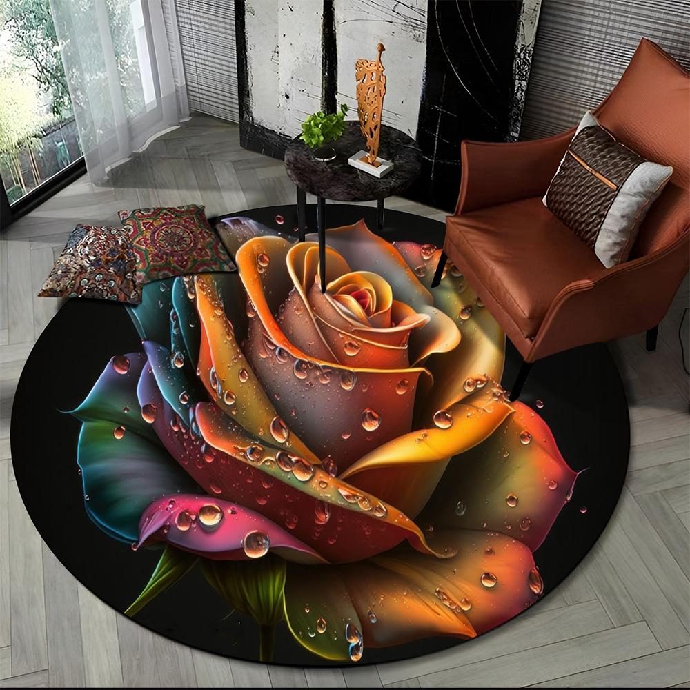 Crystal Velvet Luxury Flower Round Rug – Rose & Daisy Print Nordic Non-Slip Mat for Living Room, Bedroom & Playroom
