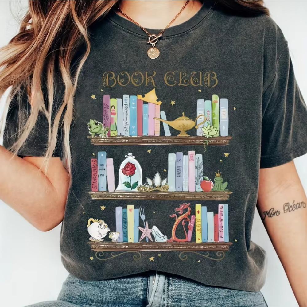 Футболка книжного клуба Belle - женская повседневная футболка с коротким рукавом, цветной узор с книжной полкой, семейная футболка