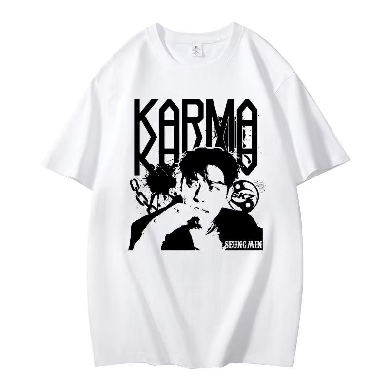 KPOP Четвертый Альбом KARMA Футболка ЧАНБИН ХЁНДЖИН ФЕЛИКС Корейская Мода Летняя Хлопковая Хип-Хоп Футболка Харадзюку Топы Уличная Одежда