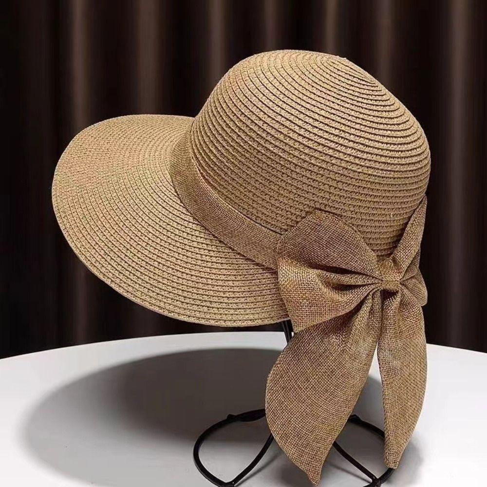 Wide Brim Beach Cap Bowknot Straw Hat Summer Bucket Hat for Women