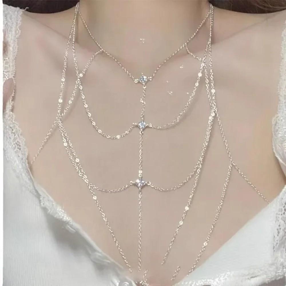 Glitter Silver Body Chain Multilayer Bikini Chest Chain Body Jewelry Rhinestone Bust Chain Beach