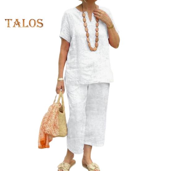 2Pcs Short Sleeve Blouse Pants Set for Women Loose Top Wide Leg Pants Sets Solid Tracksuit Outfit Summer Casual Matching Outfit for Home Office Party