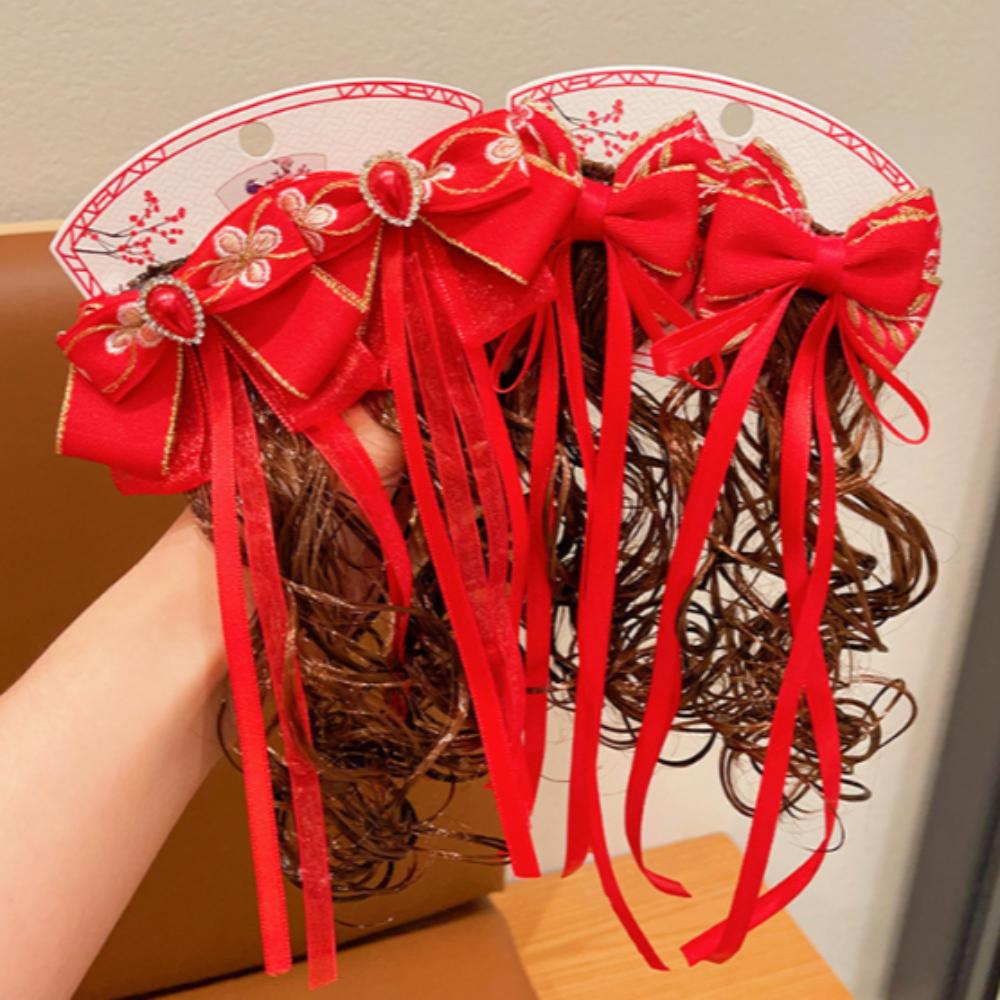 2 шт. детский парик-бантик в китайском стиле, вьющиеся волосы, красная заколка-бантик, новогодняя праздничная