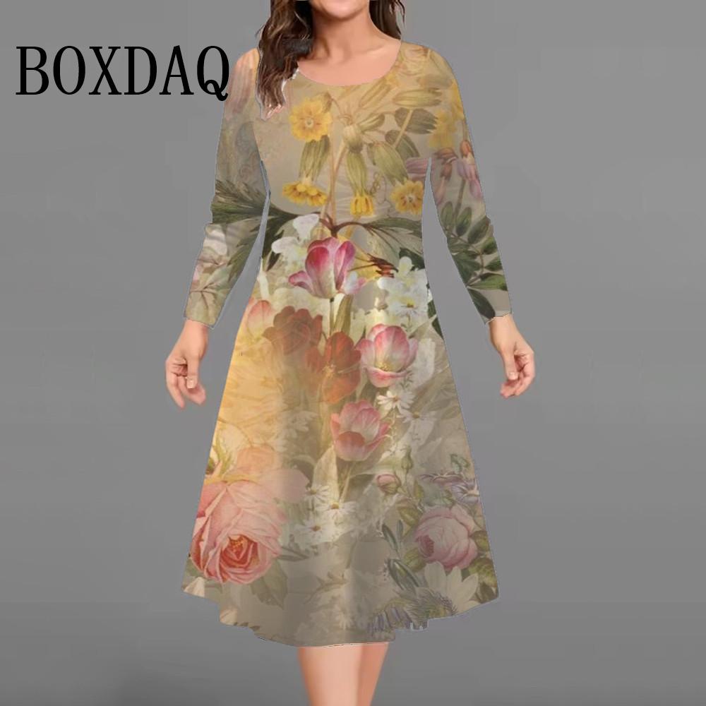 Vintage Flowers 3D Print Dresses For Women Autumn Winter Long Sleeve Large Size Dress Casual Loose Plus Size Clothing