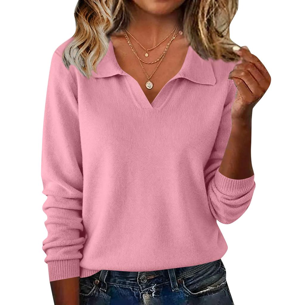 Women's Fashionable Casual Long-sleeved Knitted V-neck Sweater Top
