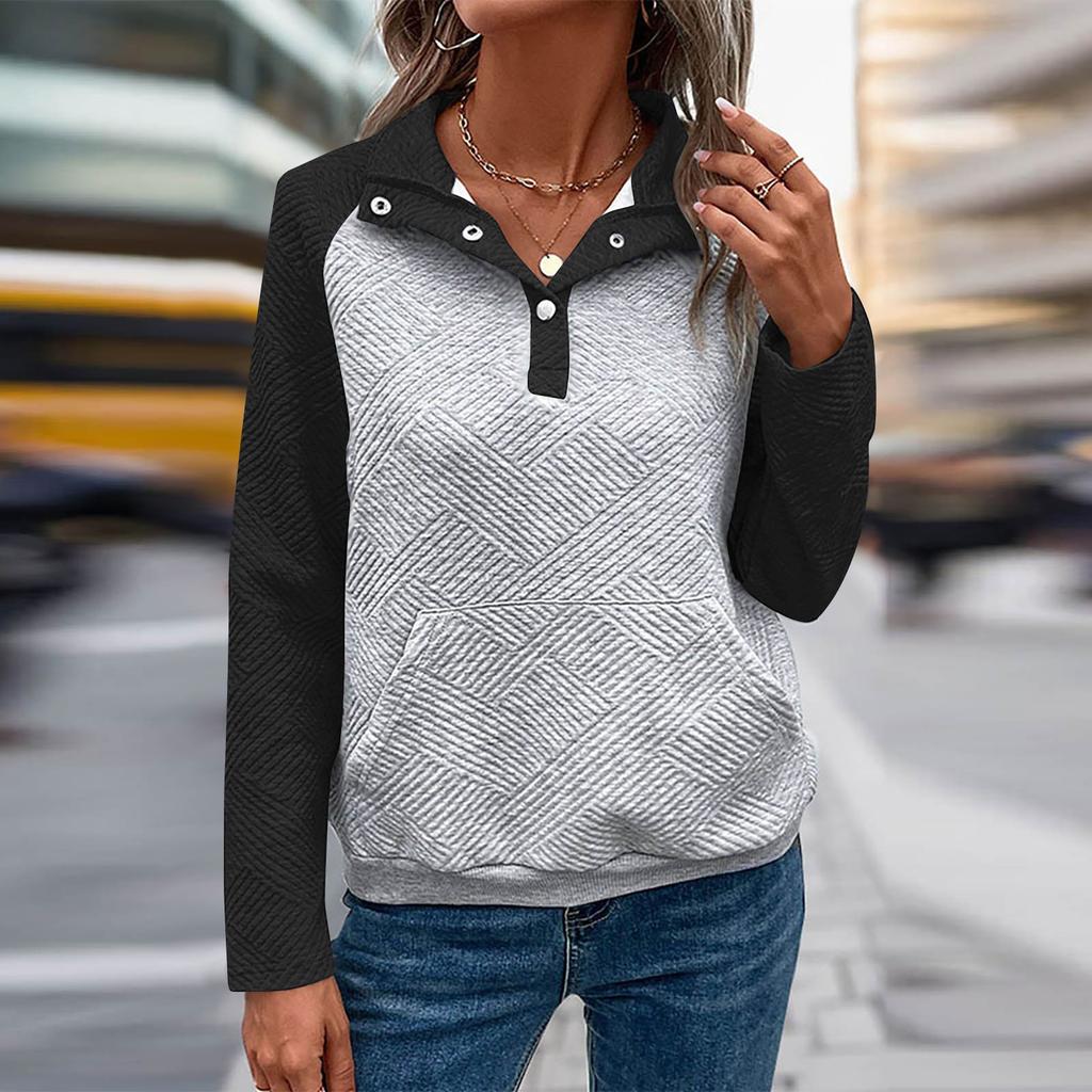 Женская повседневная и удобная толстовка с v-образным вырезом и воротником-стойкой контрастного цвета с длинными рукавами в стиле пэчворк