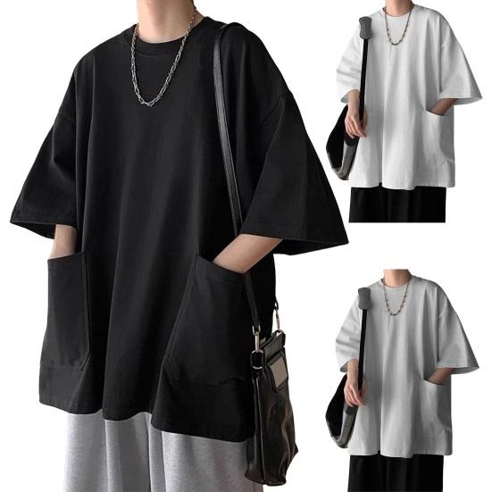 Summer Men T-shirt Round Neck Loose Mid Length Solid Color Plus Size Pockets Half Sleeves Streetwear Outdoor Top