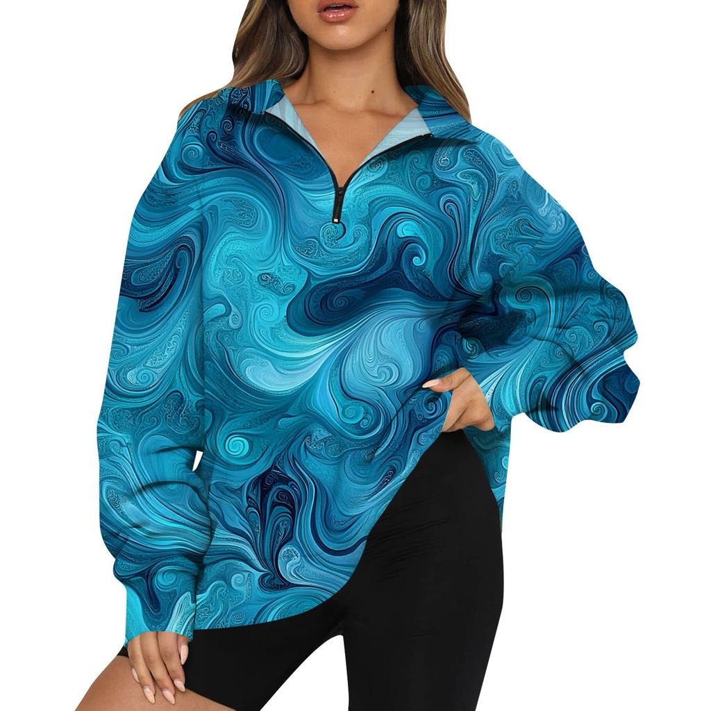 Женская мода повседневная толстовка с длинным рукавом и принтом на молнии с высоким воротом и заниженными плечами