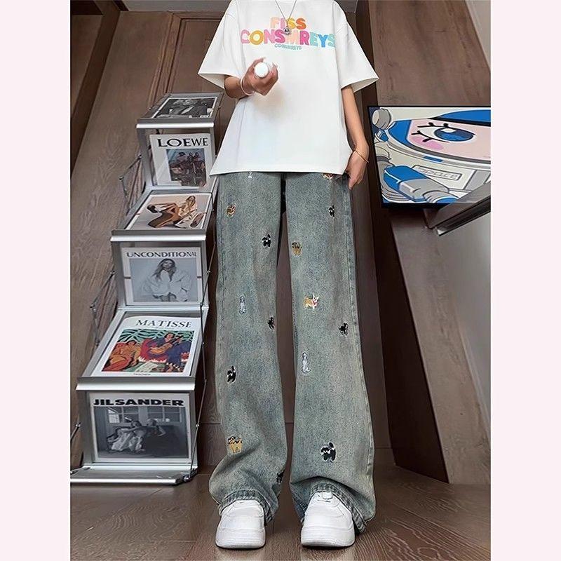 Вышитые джинсы для женщин весна и осень большого размера свободные широкие штанины прямые