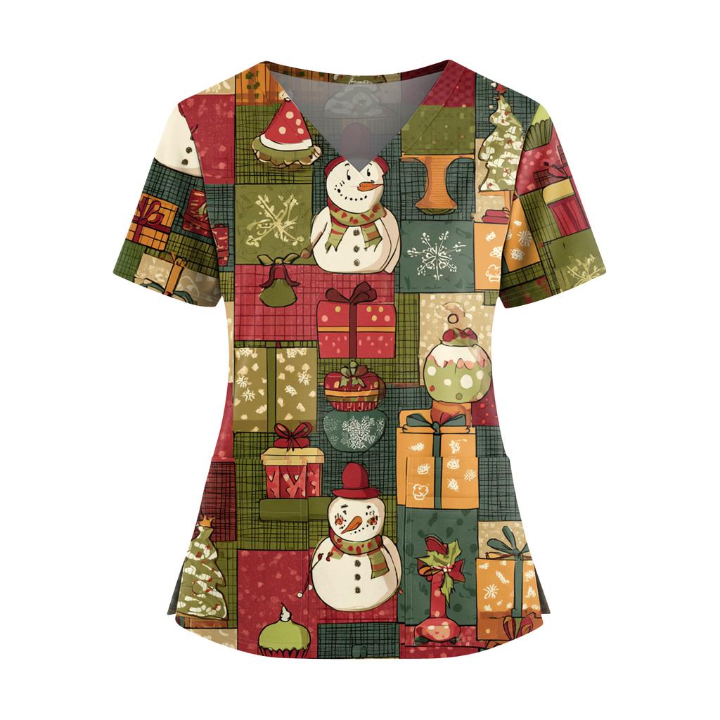 Женский топ с рождественским принтом, V-образным вырезом, двумя карманами, короткими рукавами, разрезом по подолу, униформа и одежда для ухода